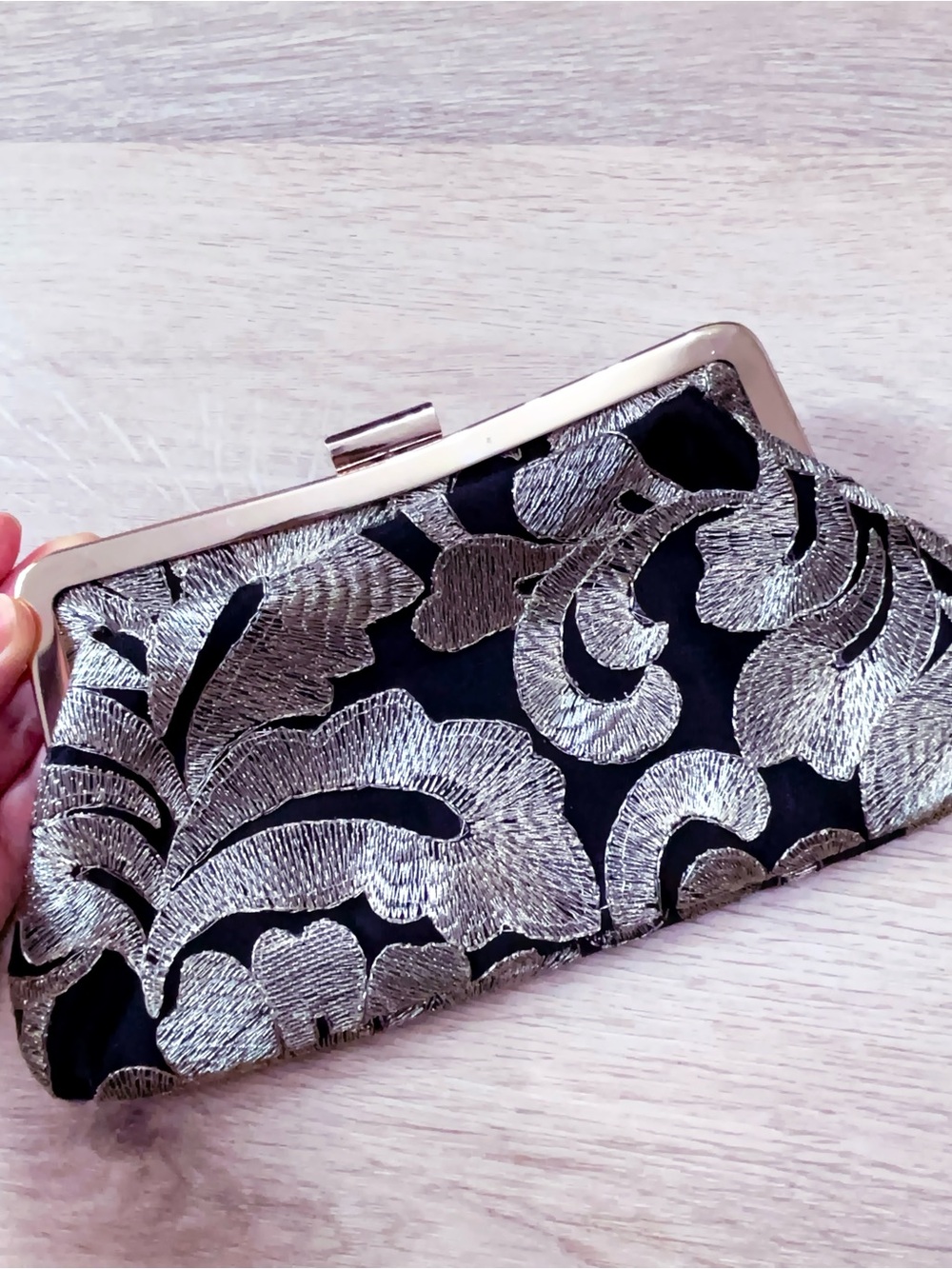 Chi Chi London - Black Silver Embroidered Clutch Bag 9.25 x 4.75”